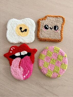Needlepoint Coasters (toast/egg/flaming lips, checkerboard)